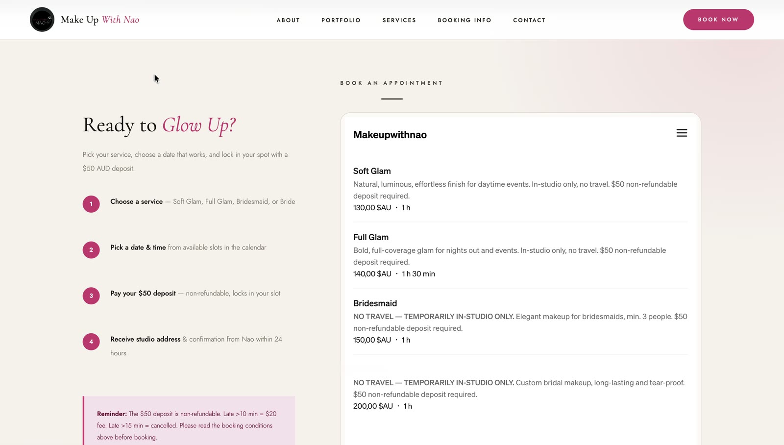 Section réservation du site Make Up With Nao avec le widget Square intégré