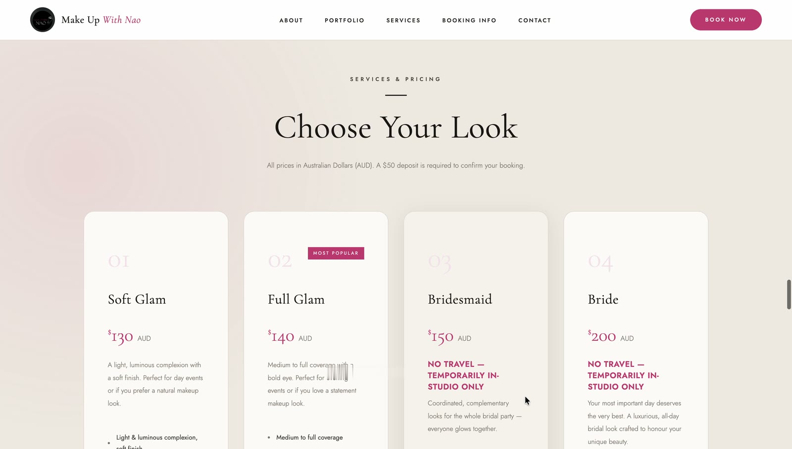 Grille des prestations et des prix du site Make Up With Nao